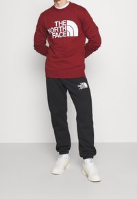 Uomo che indossa un felpa marrone scuro di The North Face e pantaloni sportivi neri con scarpe da ginnastica bianche, in piedi contro uno sfondo bianco semplice.