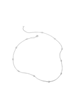 Zarte silberne Halskette mit kleinen runden, fassungsgebundenen klaren Steinen, die gleichmäßig entlang der Kette verteilt sind, und einem Karabinerverschluss.