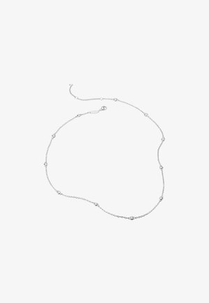 Zarte silberne Halskette mit kleinen runden, fassungsgebundenen klaren Steinen, die gleichmäßig entlang der Kette verteilt sind, und einem Karabinerverschluss.
