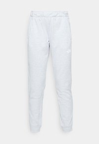 Světle šedé tepláky vyrobené z bavlněné směsi, s elastickým pasem, bočními kapsami a jemným prošitím. Logo vytištěné na nohavici.