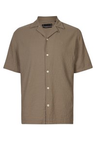 Camicia a maniche corte in tessuto strutturato verde oliva con una vestibilità comoda, caratterizzata da una chiusura frontale con bottoni e un colletto con spacco.