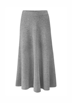 Gray, knee-length skirt made of soft fabric. Features a flared design with a smooth waistband and no visible embellishments or patterns.