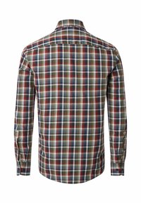 Męska koszula z długim rękawem w kratę w kolorach zielonym, czerwonym i granatowym; wykonana z materiału w kratkę; posiada kołnierzyk i mankiety zapinane na guziki.