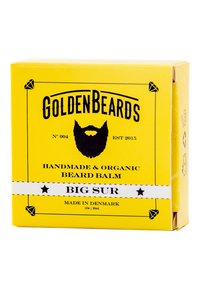 Gul låda med Golden Beards handgjorda skäggbalsam, märkt "Big Sur." Texten inkluderar "Handgjord & Ekologisk" och diamantikoner i hörnen.