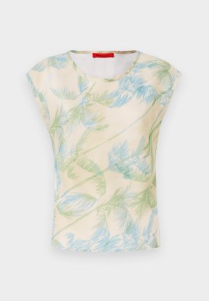 Kratek rokav v lahkem materialu z kremnim ozadjem, ki prikazuje vzorec palmovih listov v zeleni in modri barvi. Okrogla izreza, sproščen kroj.