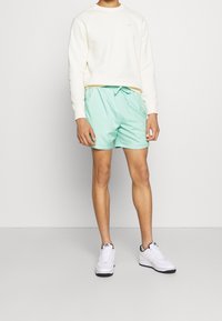 Shorts de bain vert menthe avec une taille élastique et un cordon de serrage. Associés à un sweatshirt crème et des baskets blanches. Design simple.