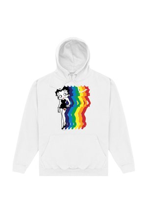 Biała bluza z kapturem, na przodzie z czarno-białym rysunkowym bohaterem, w towarzystwie tęczowego gradientu.