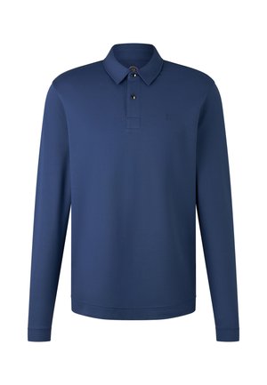 Polo à manches longues en navy, fabriqué en tissu doux. Il a un col traditionnel, une patte de boutonnage à deux boutons et un logo discret sur la poitrine.