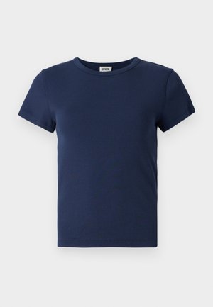 Navy blue, short-sleeve t-shirt made from ribbed cotton, featuring a classic crew neckline and a seamless shoulder design.