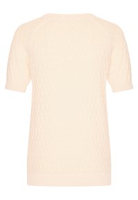 Light pink short-sleeve sweater with a diamond knit texture, ribbed neckline and cuffs, and a relaxed fit. Back view displayed.