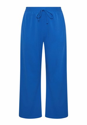 Blauwe broek met wijde pijpen, elastische tailleband en verstelbare veters aan de voorkant, gemaakt van zacht materiaal.