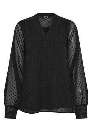 Sort langærmet gennemsigtig bluse med teksturerede polkaprikker, V-hals og elastiske manchetter, semitransparent stof på ærmer og øvre bryst.
