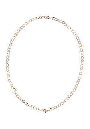 Collier chaîne en or avec maillons ovales et fermoir homard, présenté en forme circulaire sur un fond blanc.