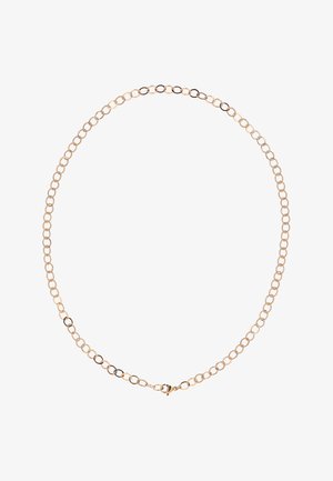 Kultainen ketjukaulakoru, jossa on ovaalinmuotoiset lenkit ja hummerilukko, esitetty valkoisella taustalla ympyrän muotoon asetettuna.