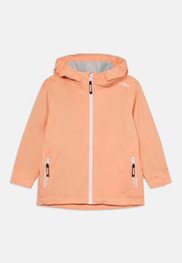 Veste légère et résistant à l'eau de couleur pêche douce. Comprend une capuche, une fermeture éclair intégrale, et deux poches zippées avec des accessoires en noir.