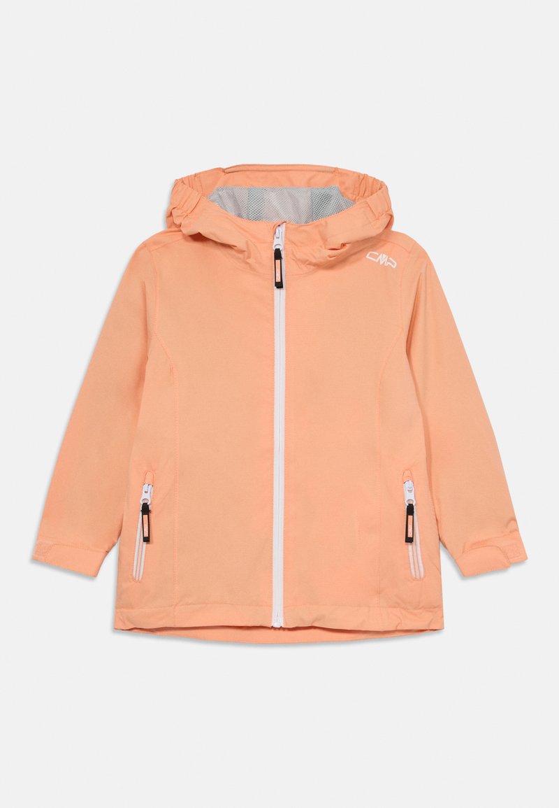 Veste légère et résistant à l'eau de couleur pêche douce. Comprend une capuche, une fermeture éclair intégrale, et deux poches zippées avec des accessoires en noir.