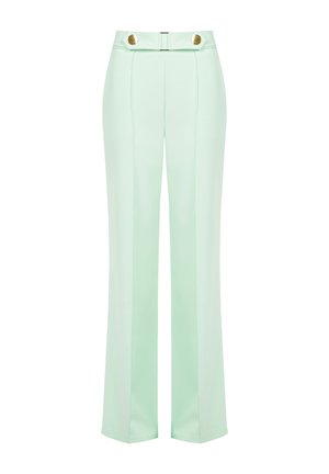 Pantaloni su misura verde chiaro a vita alta con pieghe frontali e dettagli con bottoni dorati sulla cintura.