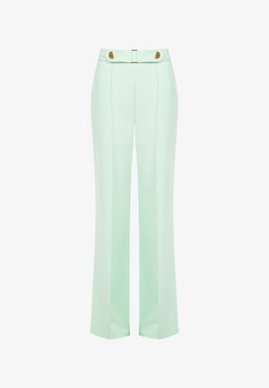 Pantaloni su misura verde chiaro a vita alta con pieghe frontali e dettagli con bottoni dorati sulla cintura.