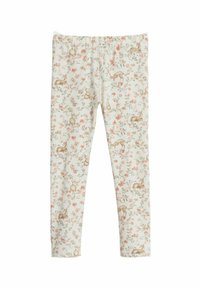 Leggings valmistettu pehmeästä kankaasta, jossa on valkoinen tausta ja kukkakuvio sekä kuvitetut eläimet, kuten kanit ja hirvet, beigeissä sävyissä.