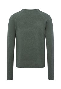 Haut à manches longues vert avec une finition texturée, encolure ronde et manches raglan. Design simple, sans matériel visible ni motifs.