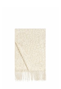 Coperta color crema con un sottile motivo leopardato, bordi frangiati, texture morbida e forma rettangolare. Dettagli sul materiale non specificati.