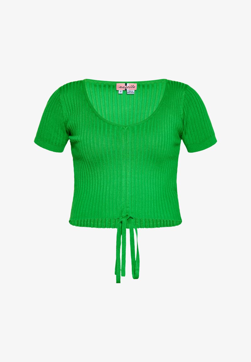 Grønne ribbede kortærmede top med V-hals, der har en båndlukning foran og tekstureret stof. Mærket er synligt inde i halsudskæringen.