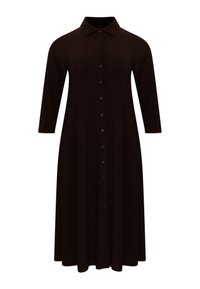 Robe-chemise marron avec col, manches trois-quarts et une patte de boutonnage intégrale à l'avant. Texture lisse avec une silhouette fluide.