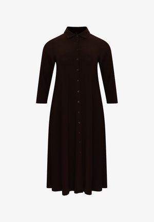 Braunes Hemdkleid mit Kragen, dreiviertel Ärmeln und durchgehender Knopfleiste. Glatte Textur mit fließender Silhouette.