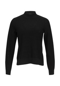 Schwarzer Pullover mit hohem Kragen, langen Ärmeln, gerippten Bündchen und Saum, gefertigt aus weichem Stoff mit einer leicht strukturierten Oberfläche.