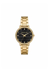 Goldfarbene Michael Kors Uhr mit schwarzem strukturiertem Zifferblatt, Kristallakzenten und passendem goldfarbenem Metallarmband. Rundes Gehäuse mit Logodetail.