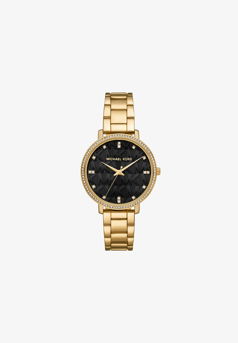 Złoty zegarek Michael Kors z czarną fakturowaną tarczą, akcentami z kryształów i pasującym złotym bransoletą z metalowych ogniw. Okrągła koperta z detalem logo.