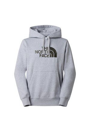 Jasnoszara bluza z kapturem z przednią kieszenią oraz logo The North Face w ciemnym nadruku na piersi, z sznurkami przy kapturze.