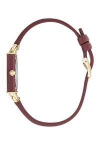 Bordeaux læderrem ur med en rund sølvskive, guldtonet urkasse og sideknap til justering. Glat tekstur og minimalistisk design.