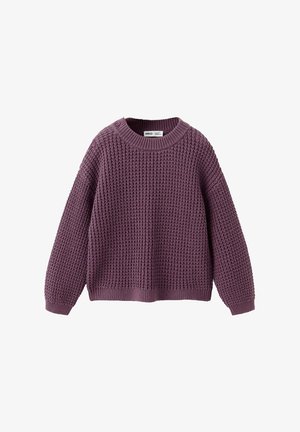 Pull violet à col rond en grosse maille, manches longues avec poignets et ourlet côtelés, présenté sur fond blanc.