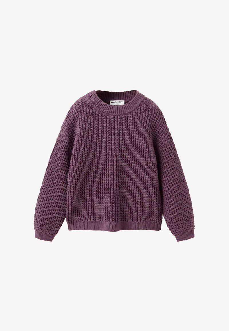 Pull violet à col rond en grosse maille, manches longues avec poignets et ourlet côtelés, présenté sur fond blanc.