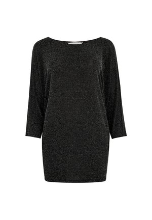 Svart, löst sittande topp med trekvartslånga ärmar, tillverkad av glittrande material. Bred halsringning och mjuk textur, lämplig för olika tillfällen.