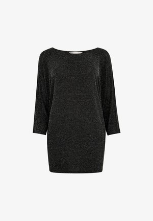 Schwarzes, locker sitzendes Oberteil mit Dreiviertelärmeln, aus schimmerndem Material. Weit geschnittener Ausschnitt und glatte Textur, geeignet für verschiedene Anlässe.