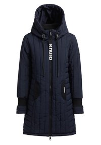 Navy blue quilted jacket with a hood, featuring a full zip closure, black accents on pockets and cuffs, and a logo tag on the zipper.