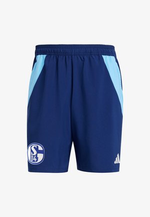 Marineblaue Sportshorts mit hellblauen Seiteneinsätzen, elastischem Bund und weißem Logo mit "S04" sowie den drei Streifen von Adidas am Saum.