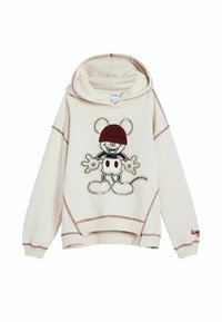 Sudadera crema con costuras rojas y un ratón de dibujos animados usando un gorro de punto rojo bordado en el frente.