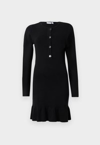 �Μαύρο πλεκτό φόρεμα με μακριά μανίκια, στρογγυλή λαιμόκοψη, πεντάκλειστη παράσταση και ρεβέρ με ρυτίδες στο κάτω μέρος. Λείο υλικό.