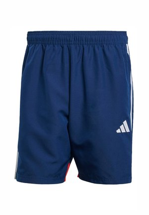 Navy blue athletic shorts with an elastic waistband, side white stripes, and a small white logo on the lower left leg. Lightweight material.