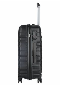 Black hard-shell suitcase with textured surface, double zipper, combination lock, and extendable handle. Four spinner wheels for easy maneuvering.