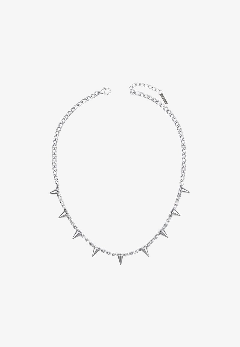 Zilveren kettingketting met gelijkmatig geplaatste kegelvormige spikes en een verstelbare sluiting op een witte achtergrond.