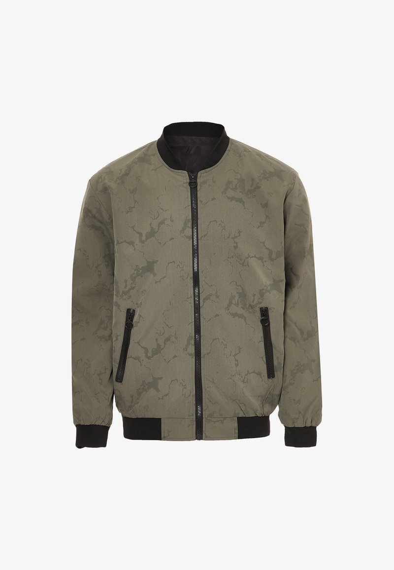 Olivengrøn bomberjakke med et struktureret camouflage-mønster, sort lynlås, to lynlås-lommer, ribbede manchetter og talje.