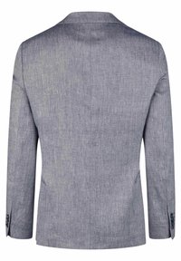 Grauem Leinenblazer, einreihig, mit Reverskragen. Zwei Seitentaschen, knöpfbare Manschetten, texturiertes Gewebe mit subtilem Muster.