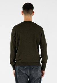 Maglione lavorato a maglia verde oliva con maniche lunghe e scollo rotondo, caratterizzato da un orlo a coste. La vista posteriore mette in mostra una texture liscia e un design pulito.