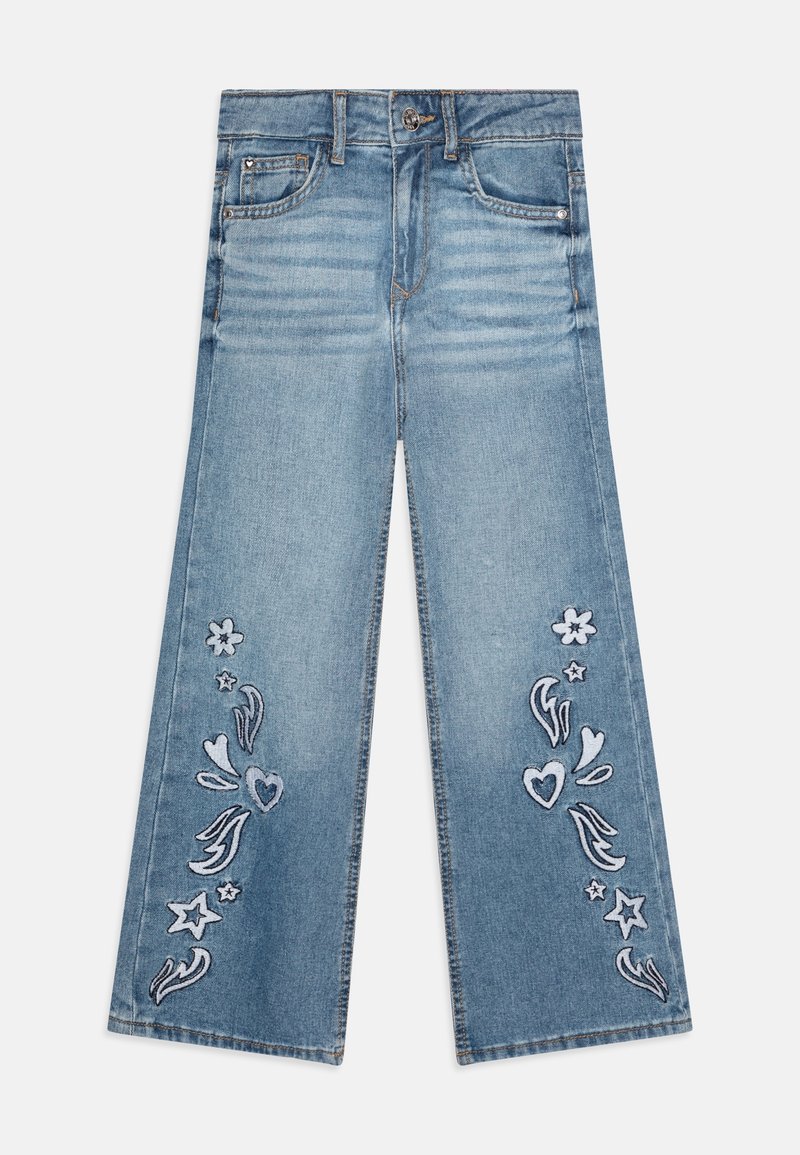 Vida jeans i ljusblå denim, med intrikata ljusblå blommönster och abstrakt broderi längs de yttre sidorna.