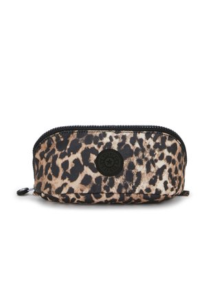 Leopard-print pouch with a rounded shape, black zipper, and logo patch. Made of durable fabric with a smooth texture.