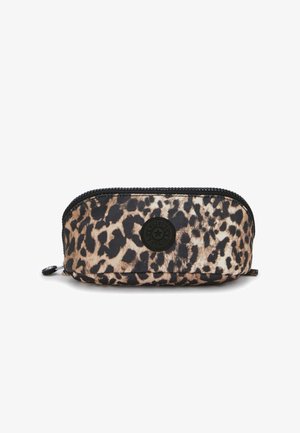 Leopard-print pouch with a rounded shape, black zipper, and logo patch. Made of durable fabric with a smooth texture.